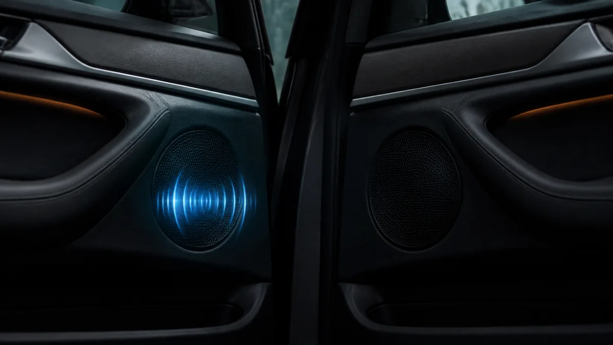 Two generic car door speaker grilles with one visually subdued to represent a single silent channel.