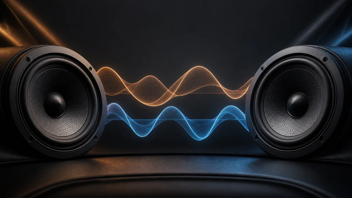 Two abstract audio waveforms and mirrored speaker cones illustrating phase and polarity without wiring instructions.