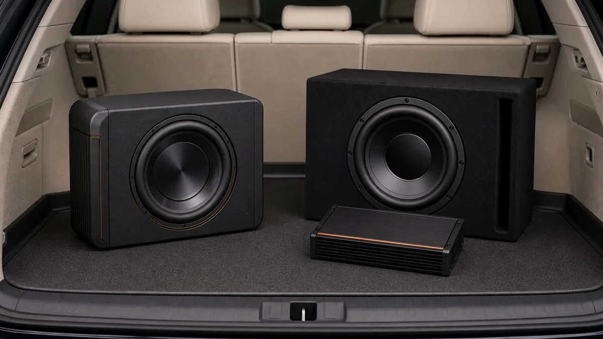 Compact powered car subwoofer enclosure beside a separate unbranded subwoofer enclosure and amplifier.
