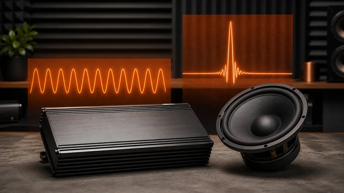 Conceptual illustration of an unbranded amplifier and speaker beside contrasting continuous and short-duration waveform envelopes.