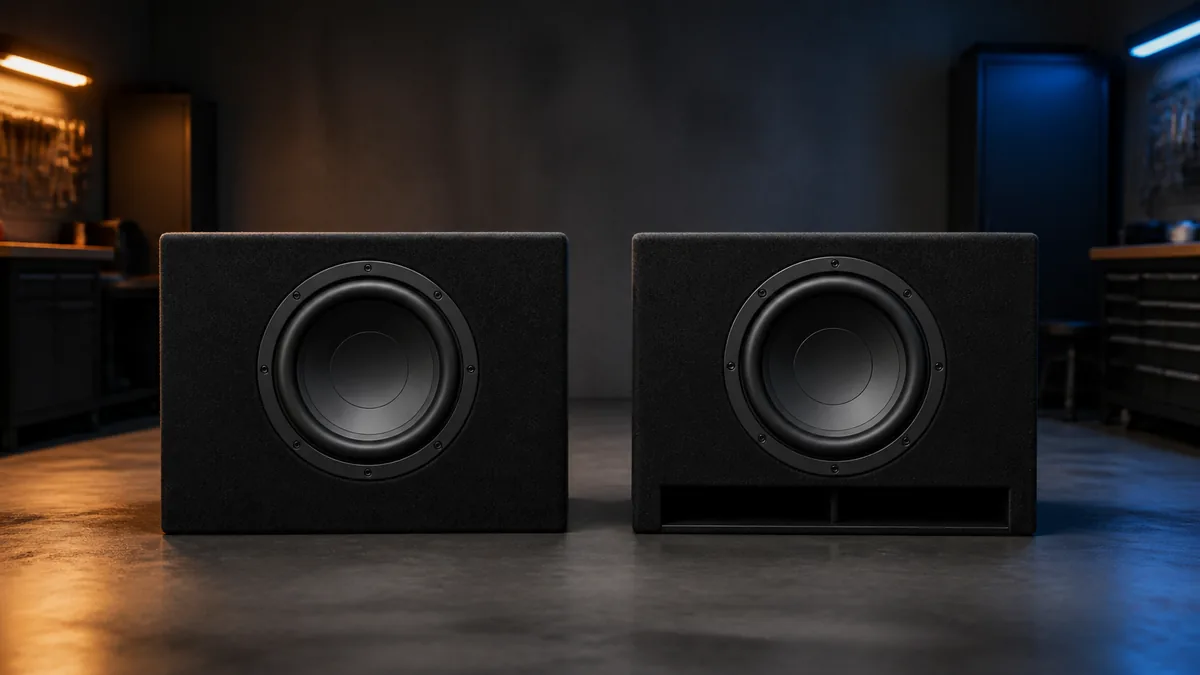 Unbranded sealed and ported subwoofer enclosures shown side by side in a clean automotive workshop.