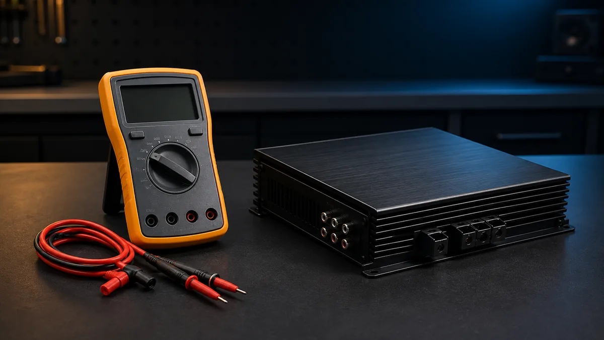 Generic digital multimeter and unbranded car amplifier shown disconnected with a blank display and no test leads attached.