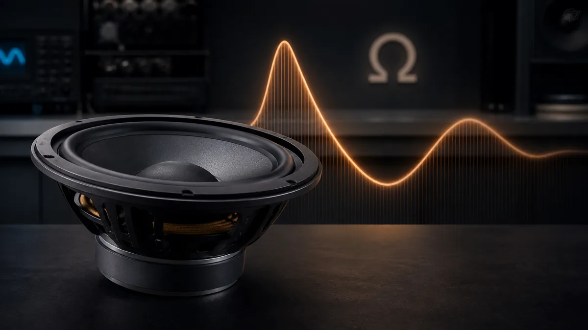 Unbranded loudspeaker driver beside an abstract frequency curve and an ohm symbol on a technical workbench.
