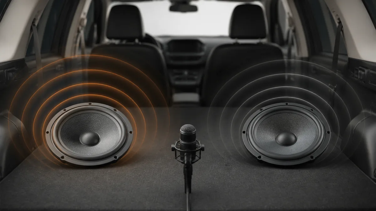 Conceptual illustration of two unbranded car speakers beside a measurement microphone and an abstract sound-level scale.