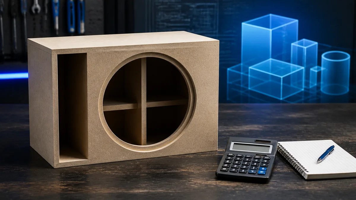 Generic subwoofer enclosure and calculator notebook shown as a conceptual volume-planning scene.