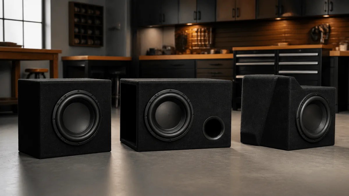Conceptual lineup of unbranded sealed, ported, and compact subwoofer enclosures in a clean vehicle-audio workshop.
