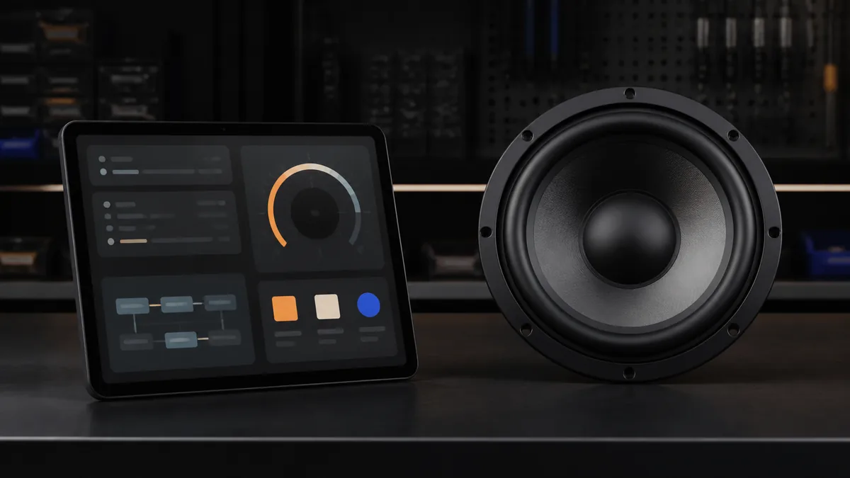 Unbranded car subwoofer beside a tablet showing an abstract calculation interface without wiring instructions.