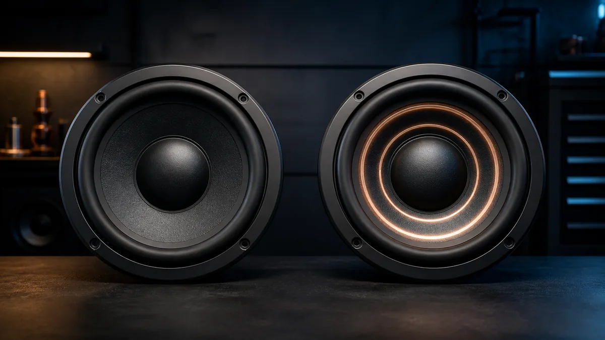 Two unbranded car subwoofers representing single- and dual-voice-coil designs without visible wiring.