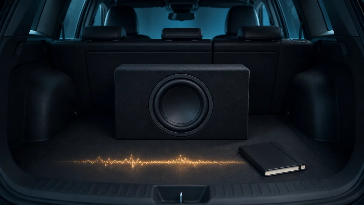 Unbranded subwoofer in a vehicle cargo-area scene with a subtle low-energy waveform motif and notebook.