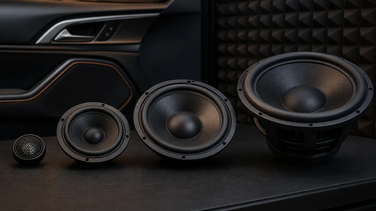 Conceptual illustration of an unbranded tweeter, midrange driver, woofer, and subwoofer on an acoustic workbench.